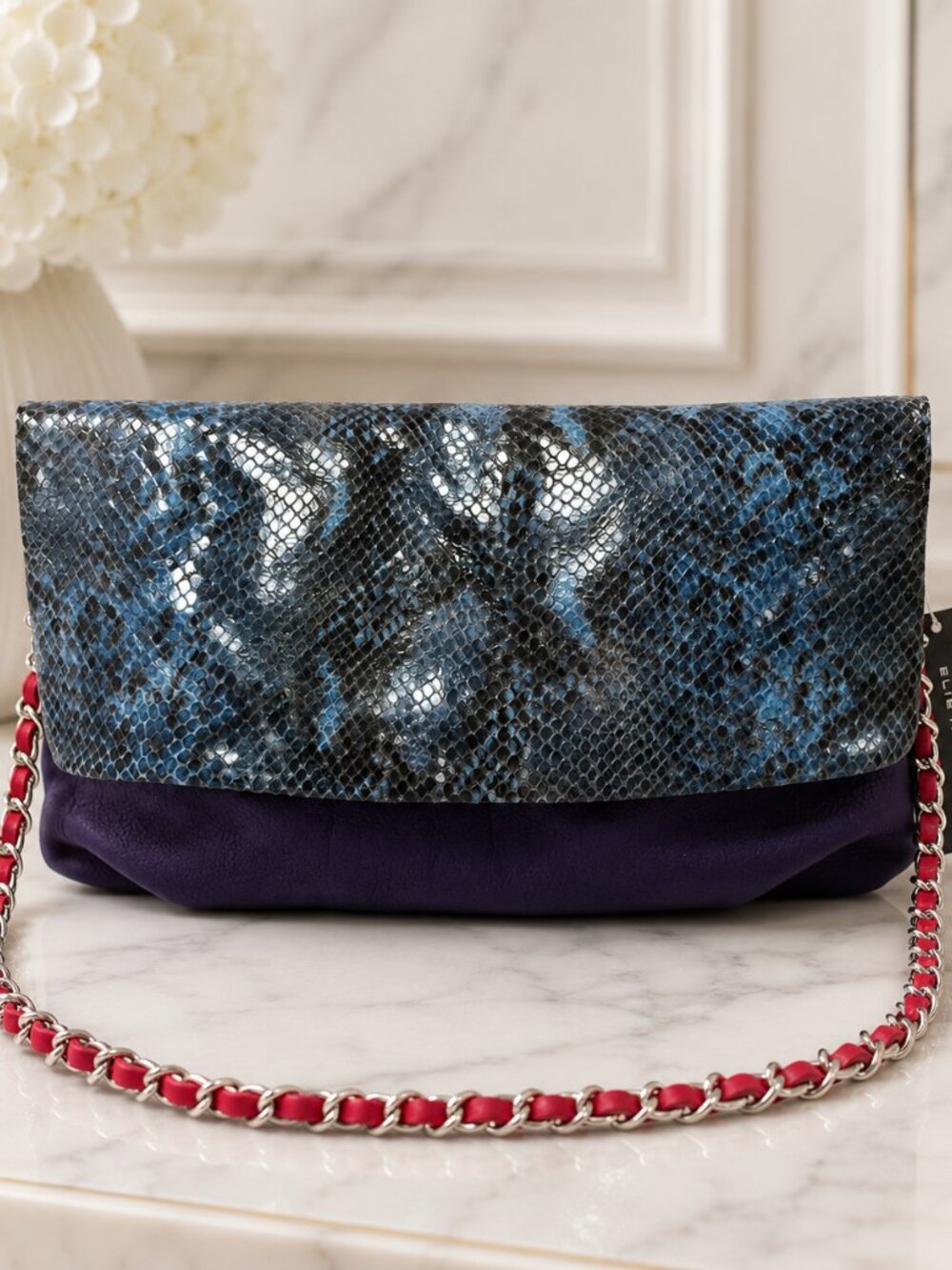 Elie Tahari Emory Python Embossed Colorblock Convertible Clutch Shoulder Bag
